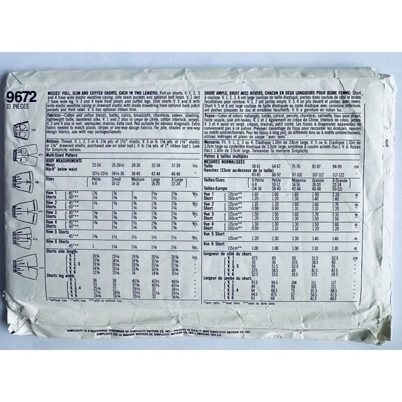 Vintage Simplicity Sewing Pattern 9672 Full Slim Cuffed Shorts Sz 6-24 UNCUT - Picture 2 of 2